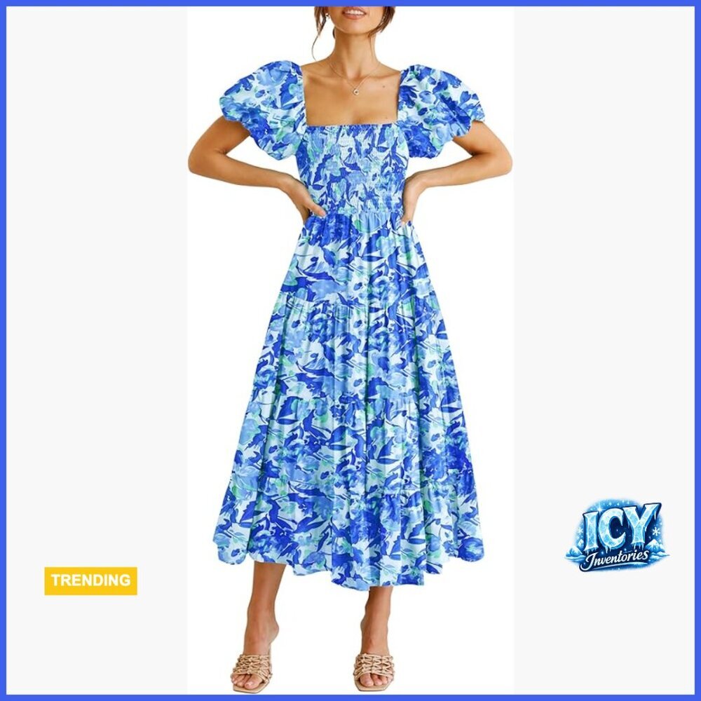 Casual Summer Midi Dress Puffy Short Sleeve Square Neck Smocked Tiered Ruffle